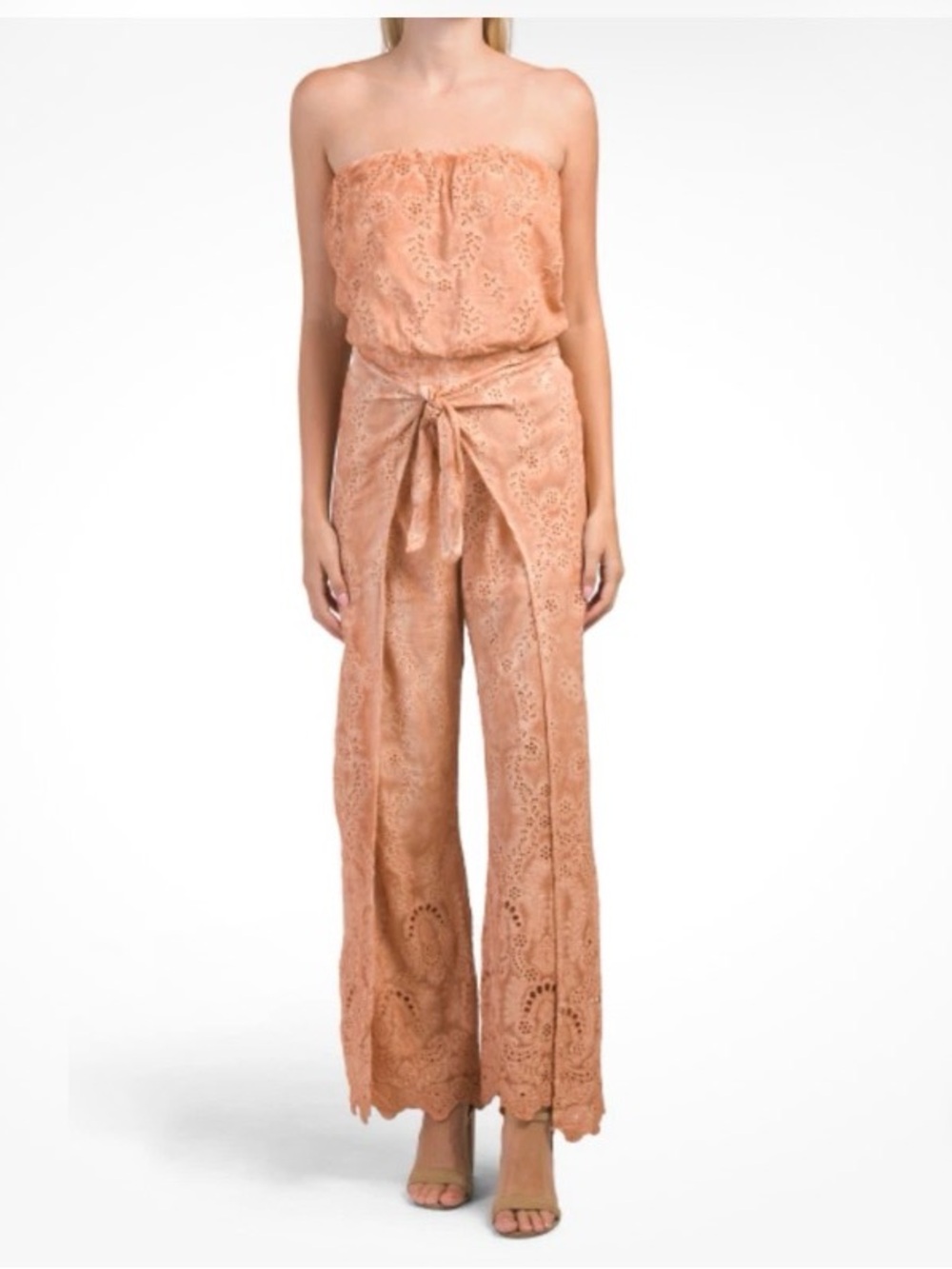 Young Fabulous & Broke Peach Eyelet Strapless Tie-Waist Jumpsuit